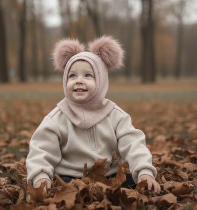 MERINO VILNOS ŠALMUKAS RAUSVAS "PŪKIS" SU 2 POMPONAIS