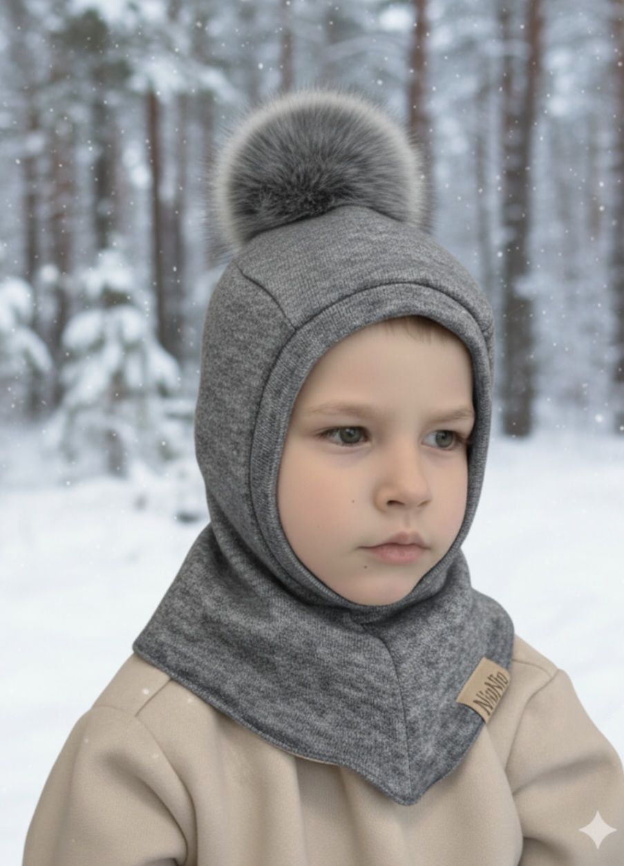 MERINO VILNOS ŠALMUKAS pilko melandžo "PŪKIS" SU 1 POMPONU