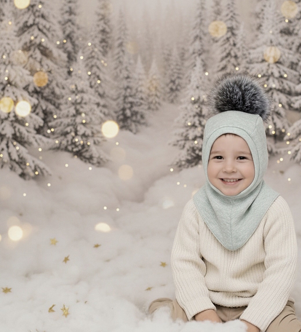 MERINO VILNOS ŠALMUKAS mėtinio melandžo  "PŪKIS" SU 1 POMPONU