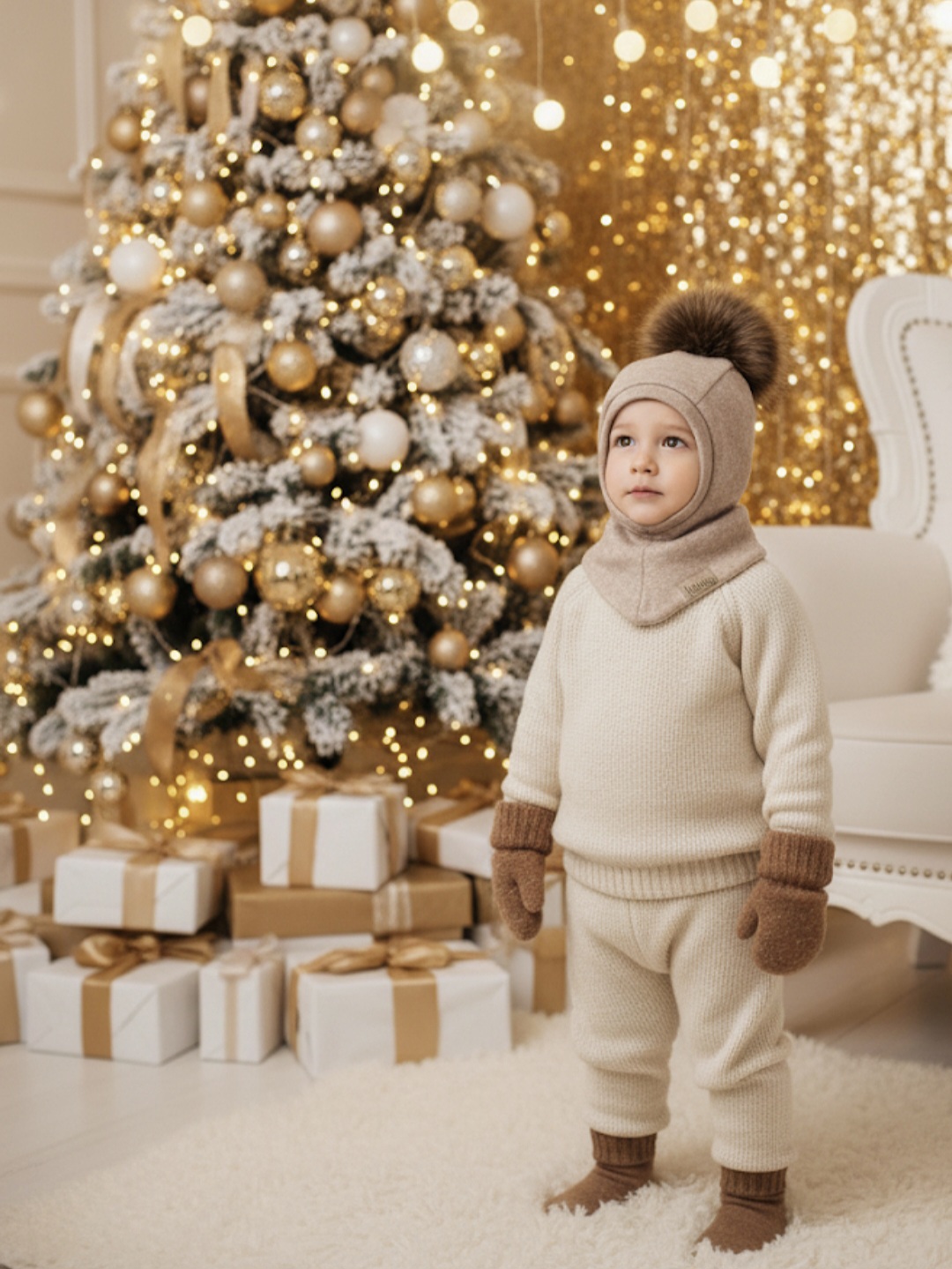 MERINO VILNOS ŠALMUKAS camel melandžo "PŪKIS" SU 1 POMPONU